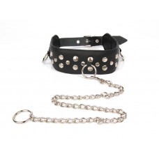 Черный ошейник с заклепками с металлическим поводком-цепочкой Черный ошейник с заклепками с металлическим поводком-цепочкой