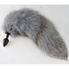 Черная анальная пробка с натуральным серым хвостиком Черная анальная пробка с натуральным серым хвостиком