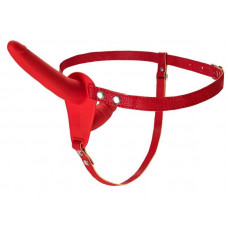 Красный страпон на ремнях с вагинальной пробкой - 15 см. Красный страпон на ремнях с вагинальной пробкой - 15 см.