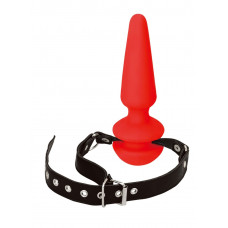 Красный кляп-плаг из силикона на черных регулируемых ремешках Красный кляп-плаг из силикона на черных регулируемых ремешках