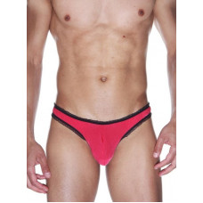 Красные мужские трусы-бразилиана с черной рюшевой отделкой Красные мужские трусы-бразилиана с черной рюшевой отделкой