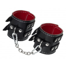 Черные кожаные наручники с двумя ремнями и красной подкладкой Черные кожаные наручники с двумя ремнями и красной подкладкой