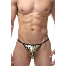 Золотистые мужские трусы-стринги с принтом в виде букв Золотистые мужские трусы-стринги с принтом в виде букв