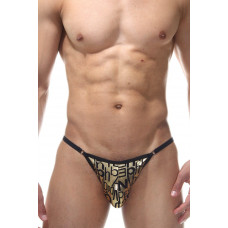 Золотистые мужские трусы-танга с принтом в виде букв Золотистые мужские трусы-танга с принтом в виде букв