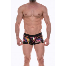 Черные трусы-боксеры с разноцветным принтом в виде надписей и губ Черные трусы-боксеры с разноцветным принтом в виде надписей и губ