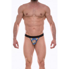Синие мужские трусы-танга с разноцветным принтом Синие мужские трусы-танга с разноцветным принтом