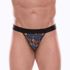 Темно-серые трусы-танга с разноцветным принтом в виде значков Темно-серые трусы-танга с разноцветным принтом в виде значков