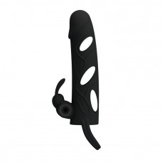 Чёрная насадка с клиторальным вибростимулятором и закрытой головкой - 14 см. Чёрная насадка с клиторальным вибростимулятором и закрытой головкой - 14 см.