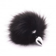 Серебристая анальная пробка с черным хвостиком из искусственного меха