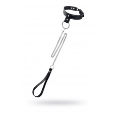 Черный узкий однослойный ошейник с серебристым поводком-цепочкой