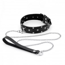 Ошейник со стразами и поводком цепочкой кожа черный Ошейник со стразами и поводком цепочкой кожа черный