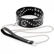 Ошейник широкий со стразами и поводком цепочкой кожа черный Ошейник широкий со стразами и поводком цепочкой кожа черный