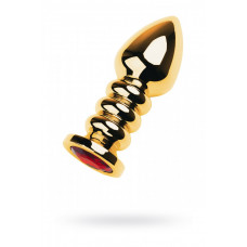 Анальная втулка ребристая Butt Plug Gold с красным кристаллом 9,5 см Анальная втулка ребристая Butt Plug Gold с красным кристаллом 9,5 см