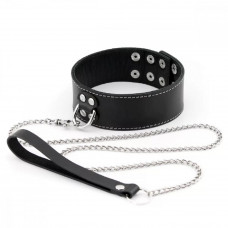 Ошейник с декоративной строчкой и поводком цепочкой кожа черный Ошейник с декоративной строчкой и поводком цепочкой кожа черный