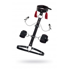 Сбруя для фиксации шеи и рук с зажимами для сосков черная